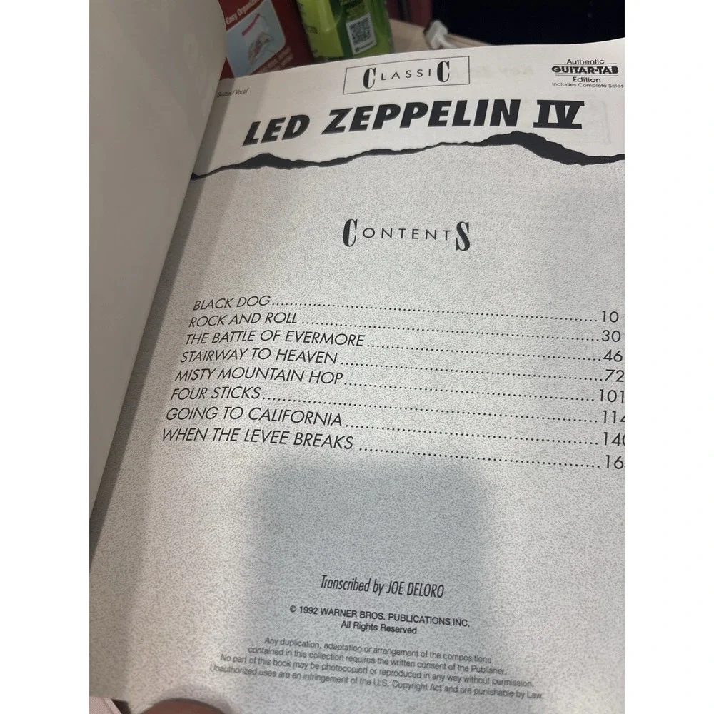 Led Zeppelin IV Authentic Guitar Tab Book 1992 Joe DeLoro Guitar Vocal